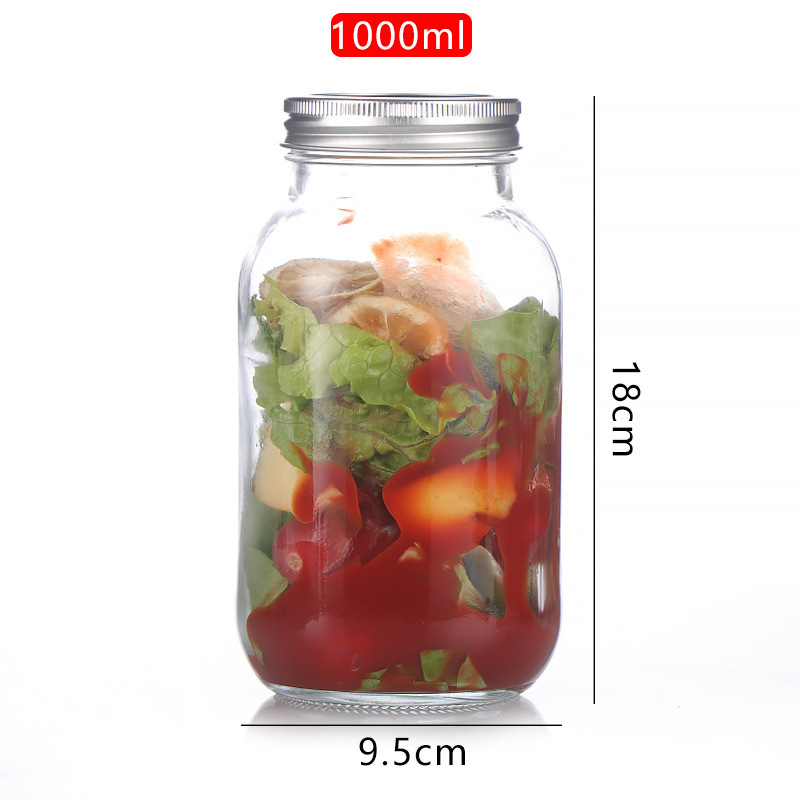Staklena posuda za pohranu sa širokim otvorom i aluminijskim poklopcem, zatvoren džem posuda