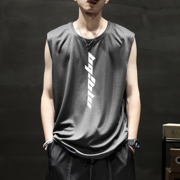 Αθλητικό γιλέκο χωρίς μανίκια, αναπνεύσιμο πολυεστερικό ύφασμα (90% πολυεστέρας), λεπτό, χαλαρή γραμμή, εκτύπωση με γράμματα