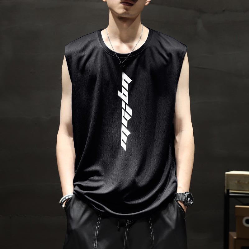 Αθλητικό γιλέκο χωρίς μανίκια, αναπνεύσιμο πολυεστερικό ύφασμα (90% πολυεστέρας), λεπτό, χαλαρή γραμμή, εκτύπωση με γράμματα