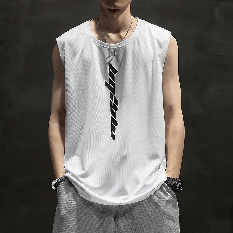 Αθλητικό γιλέκο χωρίς μανίκια, αναπνεύσιμο πολυεστερικό ύφασμα (90% πολυεστέρας), λεπτό, χαλαρή γραμμή, εκτύπωση με γράμματα