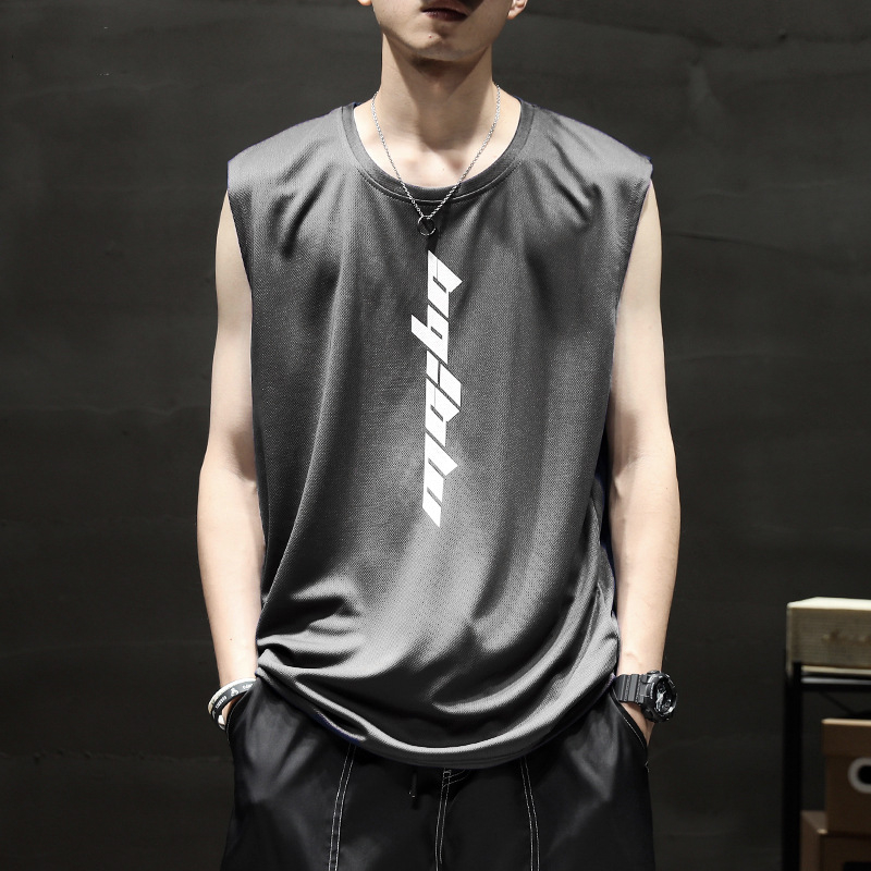 Αθλητικό γιλέκο χωρίς μανίκια, αναπνεύσιμο πολυεστερικό ύφασμα (90% πολυεστέρας), λεπτό, χαλαρή γραμμή, εκτύπωση με γράμματα