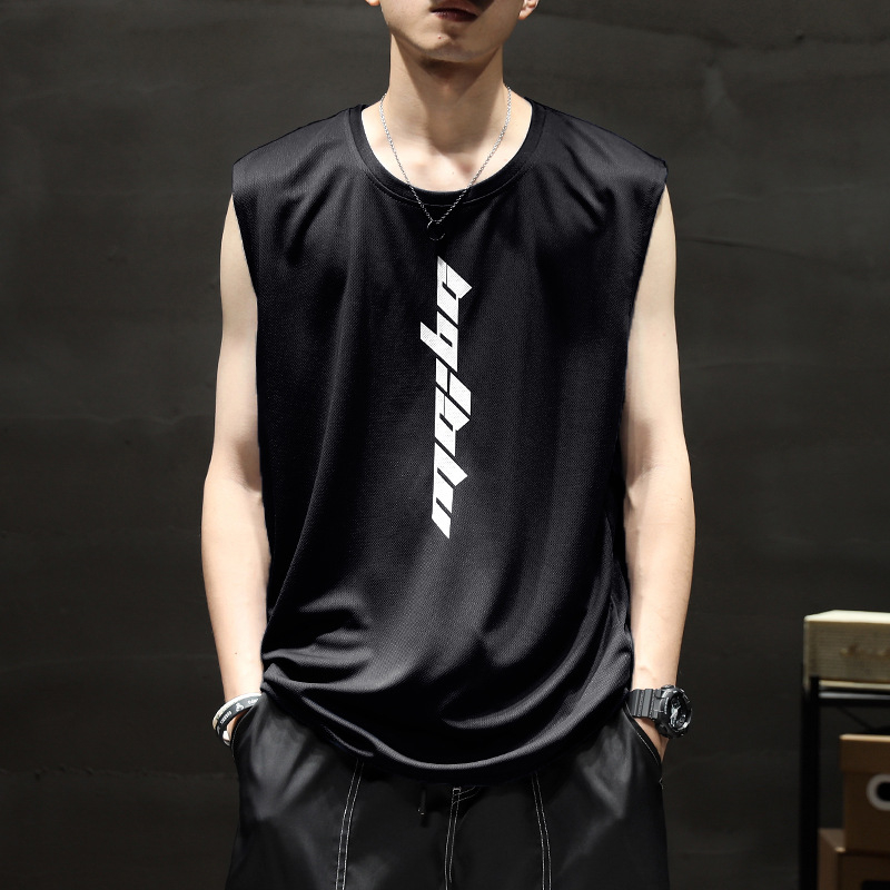 Αθλητικό γιλέκο χωρίς μανίκια, αναπνεύσιμο πολυεστερικό ύφασμα (90% πολυεστέρας), λεπτό, χαλαρή γραμμή, εκτύπωση με γράμματα