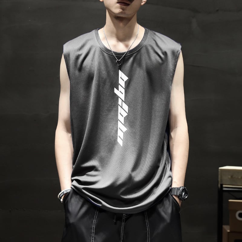 Αθλητικό γιλέκο χωρίς μανίκια, αναπνεύσιμο πολυεστερικό ύφασμα (90% πολυεστέρας), λεπτό, χαλαρή γραμμή, εκτύπωση με γράμματα