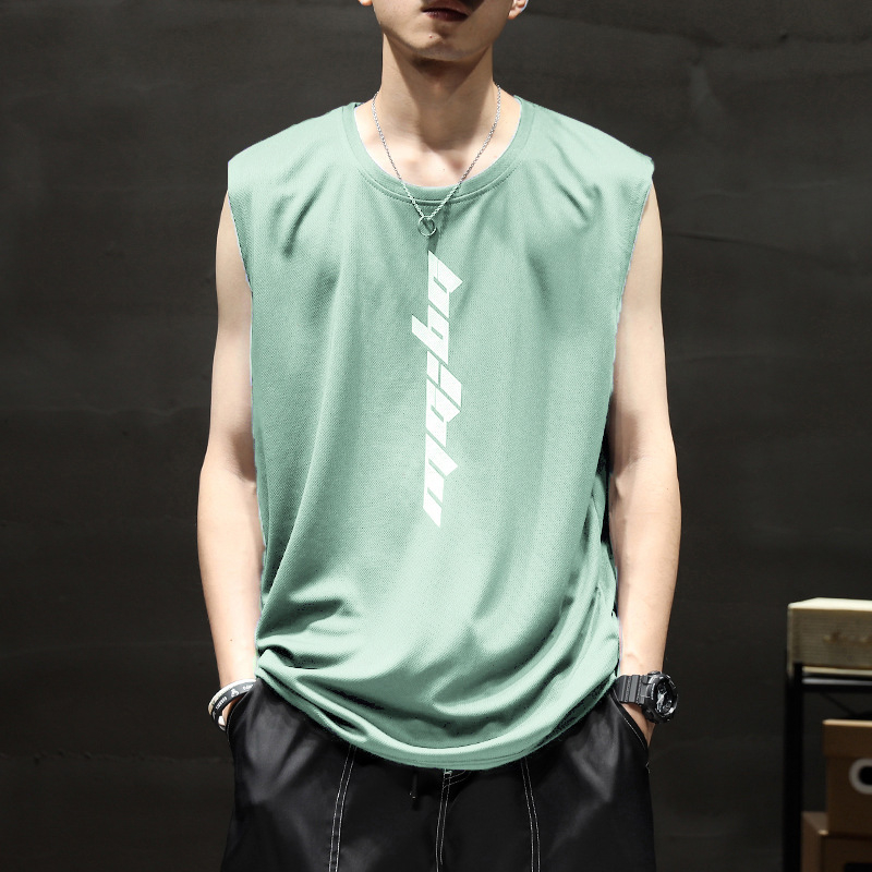 Αθλητικό γιλέκο χωρίς μανίκια, αναπνεύσιμο πολυεστερικό ύφασμα (90% πολυεστέρας), λεπτό, χαλαρή γραμμή, εκτύπωση με γράμματα
