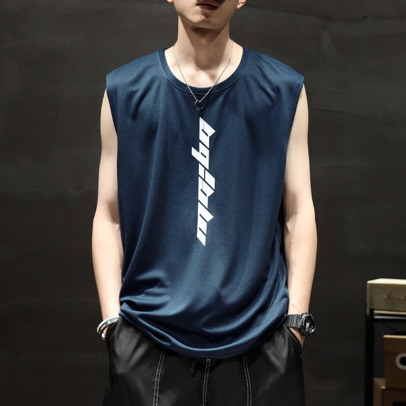 Αθλητικό γιλέκο χωρίς μανίκια, αναπνεύσιμο πολυεστερικό ύφασμα (90% πολυεστέρας), λεπτό, χαλαρή γραμμή, εκτύπωση με γράμματα