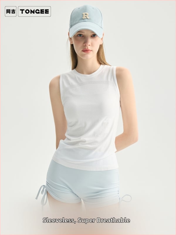 Dámske bezrukávové fitness tielko, priedušné a rýchloschnúce, zloženie 92% nylon a 8% spandex, štíhla silueta, dĺžka po boky, bez vložky na hrudník