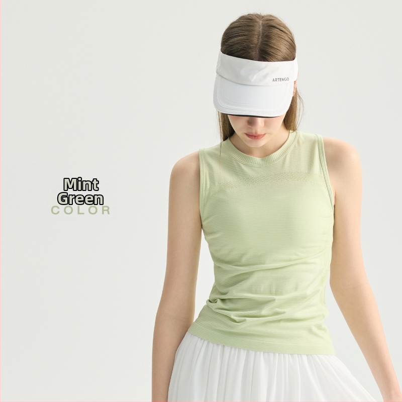 Dámske bezrukávové fitness tielko, priedušné a rýchloschnúce, zloženie 92% nylon a 8% spandex, štíhla silueta, dĺžka po boky, bez vložky na hrudník