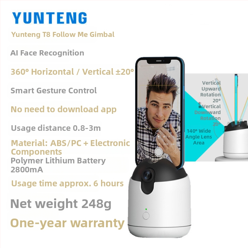 Yunteng dvostruki osovinski stabilizator za mobitel, 360° horizontalna rotacija, 360° ograničenje rotacije, 15° vertikalni nagib, ABS+PC materijal