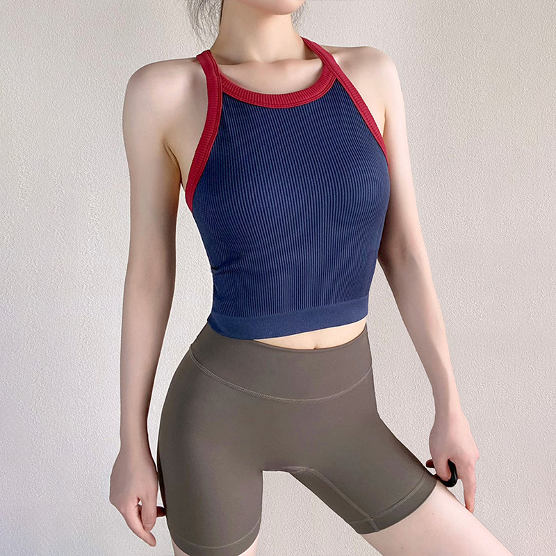 Ženski All-in-One joga top – brzo sušenje, prozračan, vlage otklanja, bezšivne, jedinstveni pleteni materijal, 92% najlon, 8% spandex, uski kroj, s umetkom za grudi