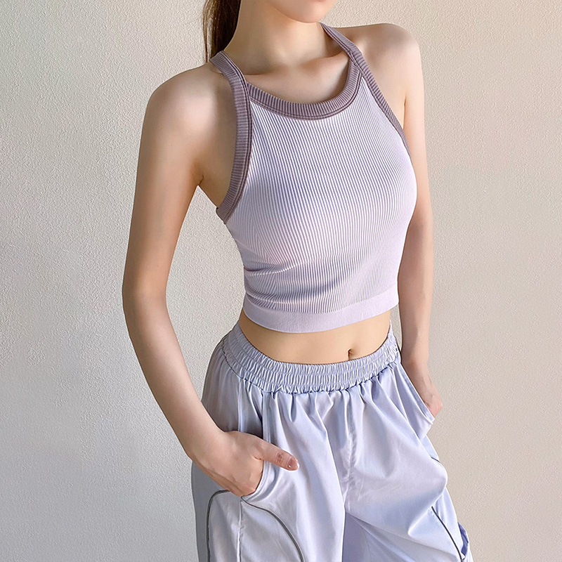 Ženski All-in-One joga top – brzo sušenje, prozračan, vlage otklanja, bezšivne, jedinstveni pleteni materijal, 92% najlon, 8% spandex, uski kroj, s umetkom za grudi