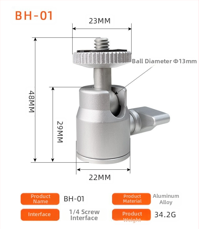 Mini kuglasta glava od aluminijske legure za univerzalni 360° mini stativ, 90° vertikalni nagib, ručna instalacija, opća kompatibilnost