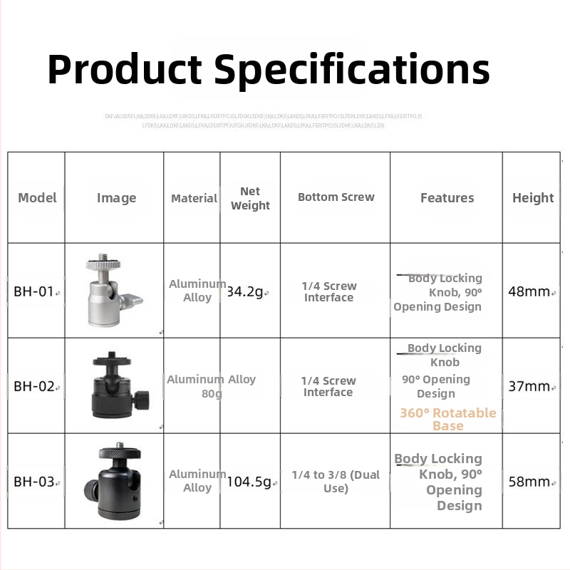 Mini kuglasta glava od aluminijske legure za univerzalni 360° mini stativ, 90° vertikalni nagib, ručna instalacija, opća kompatibilnost