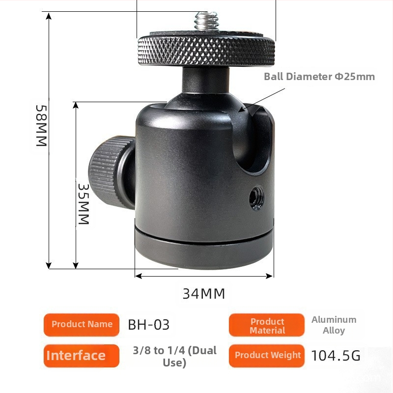 Mini kuglasta glava od aluminijske legure za univerzalni 360° mini stativ, 90° vertikalni nagib, ručna instalacija, opća kompatibilnost