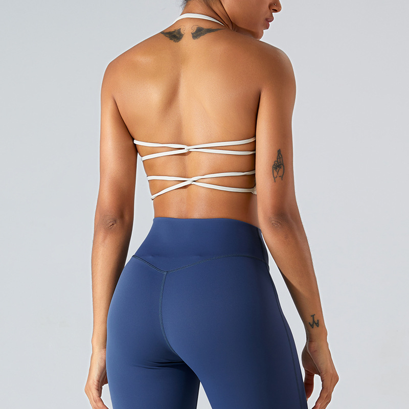 Ženski sportski grudnjak s križnim leđima za trčanje — brzo se suši, najlon 75% / spandex 25%, puna čašica, srednji oblik čašice, čvrste halter kaiševe, prednje kopčanje