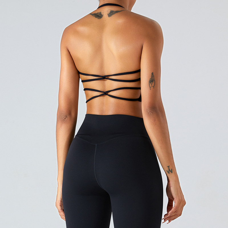 Ženski sportski grudnjak s križnim leđima za trčanje — brzo se suši, najlon 75% / spandex 25%, puna čašica, srednji oblik čašice, čvrste halter kaiševe, prednje kopčanje