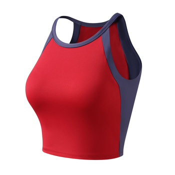 Αθλητικό γιλέκο με ενσωματωμένα κύπελλα, σχέδιο με χρωματικό μπλοκ, σταυρωτό πίσω, υποστήριξη απορρόφησης κραδασμών και απομάκρυνση ιδρώτα, ύφασμα νάιλον/elastan (75/25), κατάλληλο για το τρέξιμο και την προπόνηση.