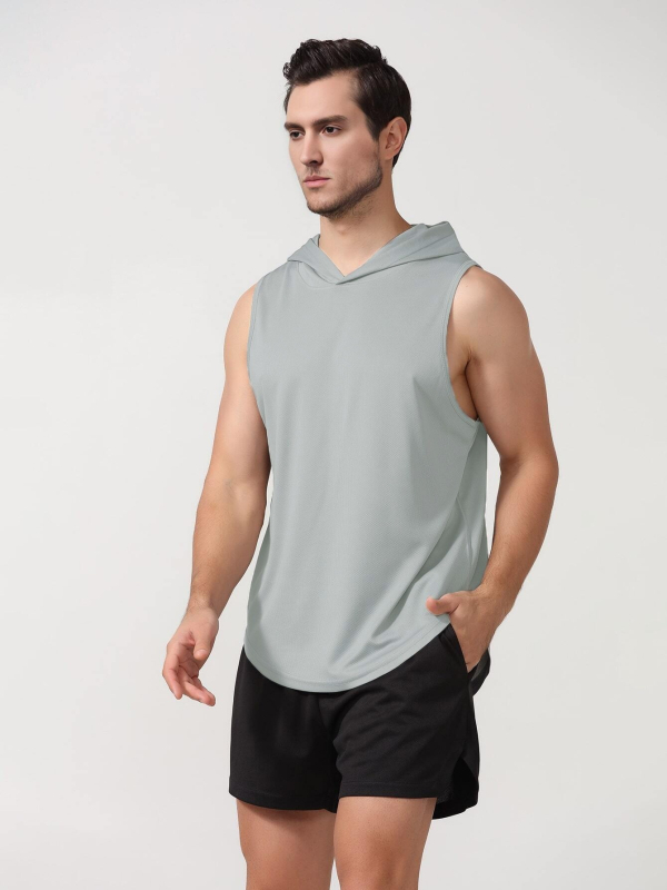 Ανδρικό αθλητικό γιλέκο με κουκούλα, χαλαρή γραμμή, 100% πολυεστέρας, στρογγυλός τελείωμα