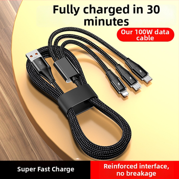 3-в-1 100W бързозаряден кабел за Lightning, Micro USB и USB-C (плетен дизайн)