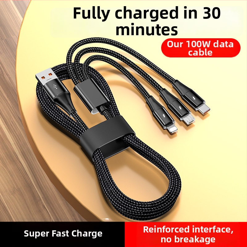 3-в-1 100W бързозаряден кабел за Lightning, Micro USB и USB-C (плетен дизайн)