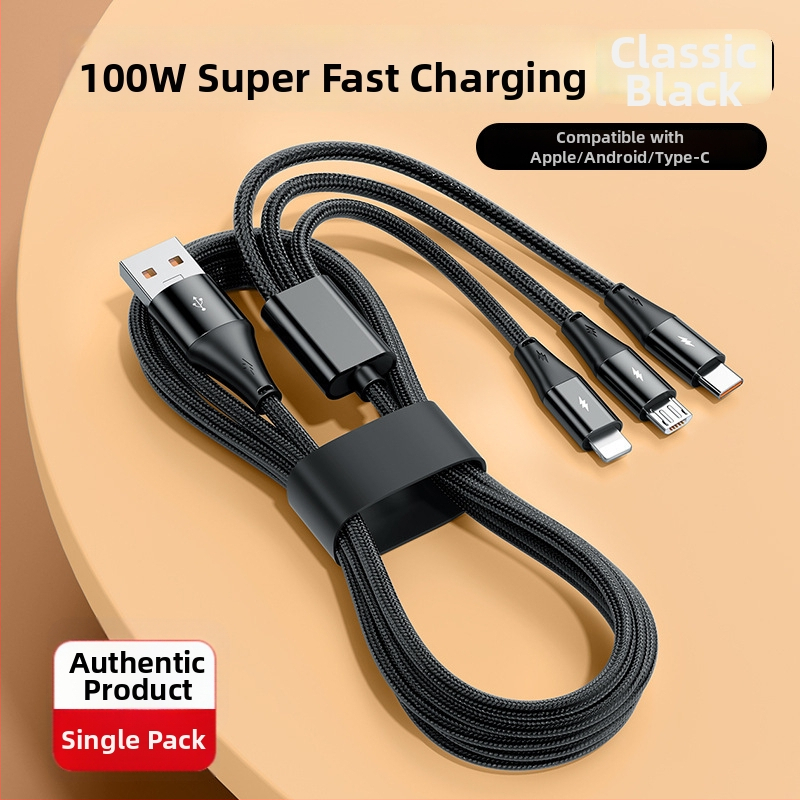 3-в-1 100W бързозаряден кабел за Lightning, Micro USB и USB-C (плетен дизайн)