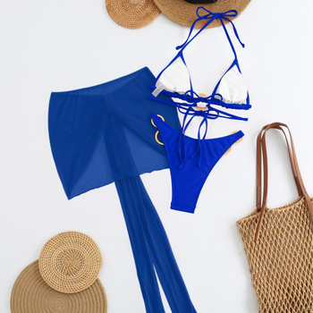 Женски триичастен бански комплект с подплънки за бюст, без гръб, бързосъхнеща материя нейлон-еластан (80% спандекс) и подплата полиестер (80%)