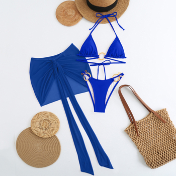 Женски триичастен бански комплект с подплънки за бюст, без гръб, бързосъхнеща материя нейлон-еластан (80% спандекс) и подплата полиестер (80%)