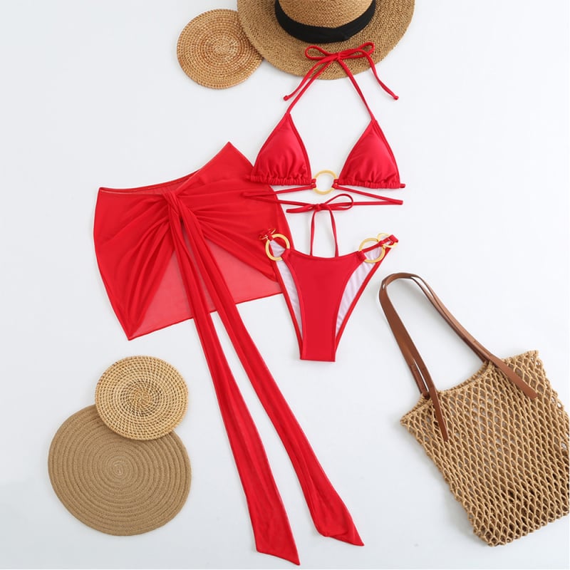 Женски триичастен бански комплект с подплънки за бюст, без гръб, бързосъхнеща материя нейлон-еластан (80% спандекс) и подплата полиестер (80%)