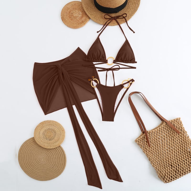 Женски триичастен бански комплект с подплънки за бюст, без гръб, бързосъхнеща материя нейлон-еластан (80% спандекс) и подплата полиестер (80%)