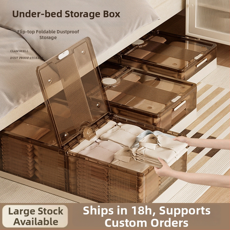 Pod posteľný úložný box, skladací, priehľadný, objem 40–50 l, plast (PP), s kolieskami
