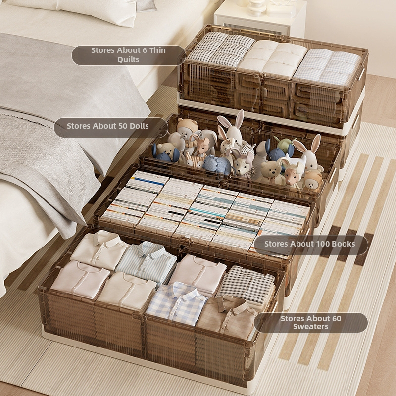 Pod posteľný úložný box, skladací, priehľadný, objem 40–50 l, plast (PP), s kolieskami