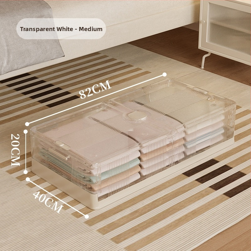 Pod posteľný úložný box, skladací, priehľadný, objem 40–50 l, plast (PP), s kolieskami