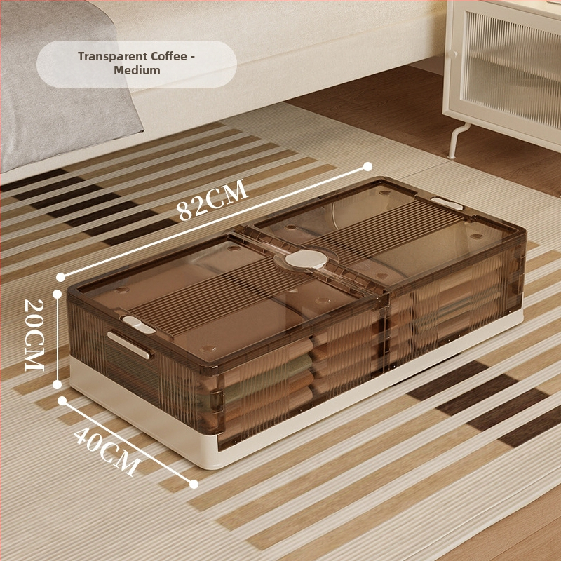 Pod posteľný úložný box, skladací, priehľadný, objem 40–50 l, plast (PP), s kolieskami
