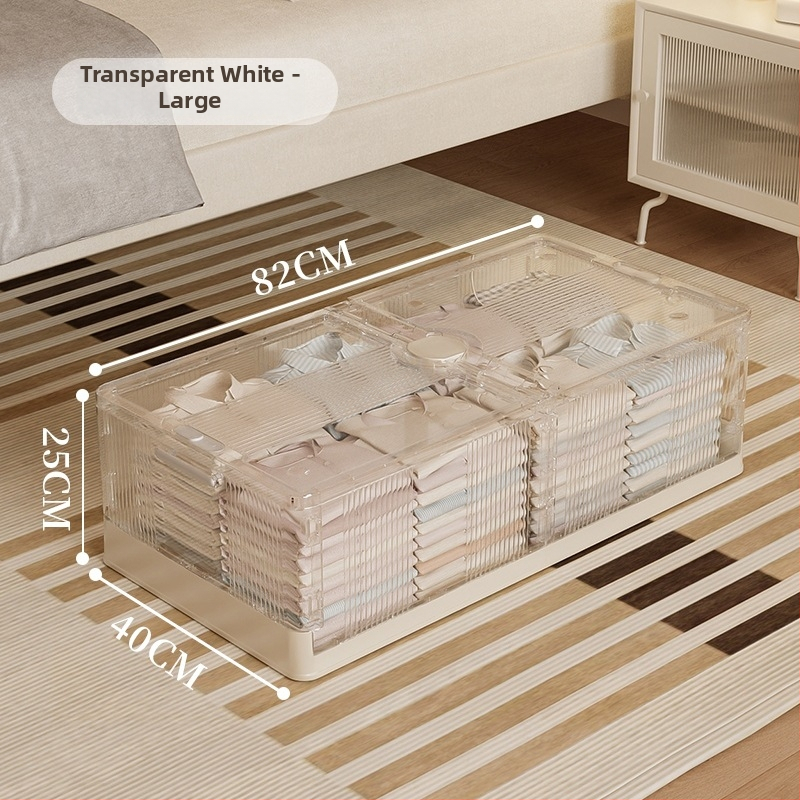Pod posteľný úložný box, skladací, priehľadný, objem 40–50 l, plast (PP), s kolieskami
