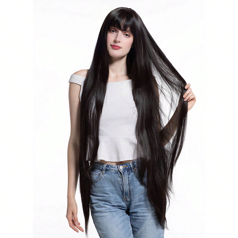 Perika s egzotičnim stilom, ravne šiške, mat kosa od svile, potpuno gornje pokrivalo rose-net