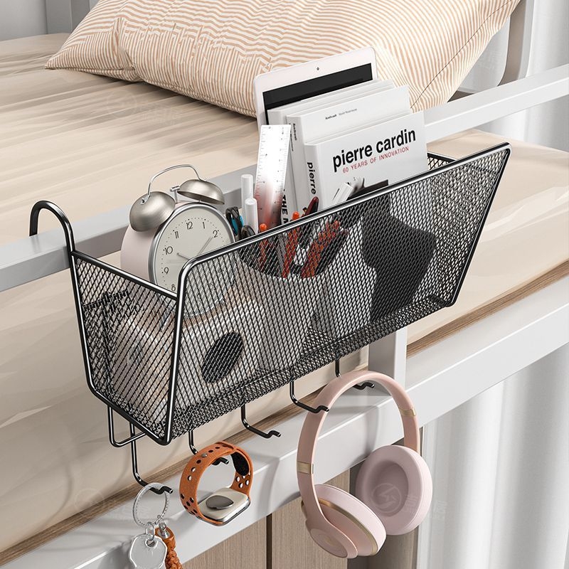 Raft metalic pentru lângă pat cu cârlige - portabil, demontabil, fără montaj, stil minimalist, 1 nivel, din oțel carbon