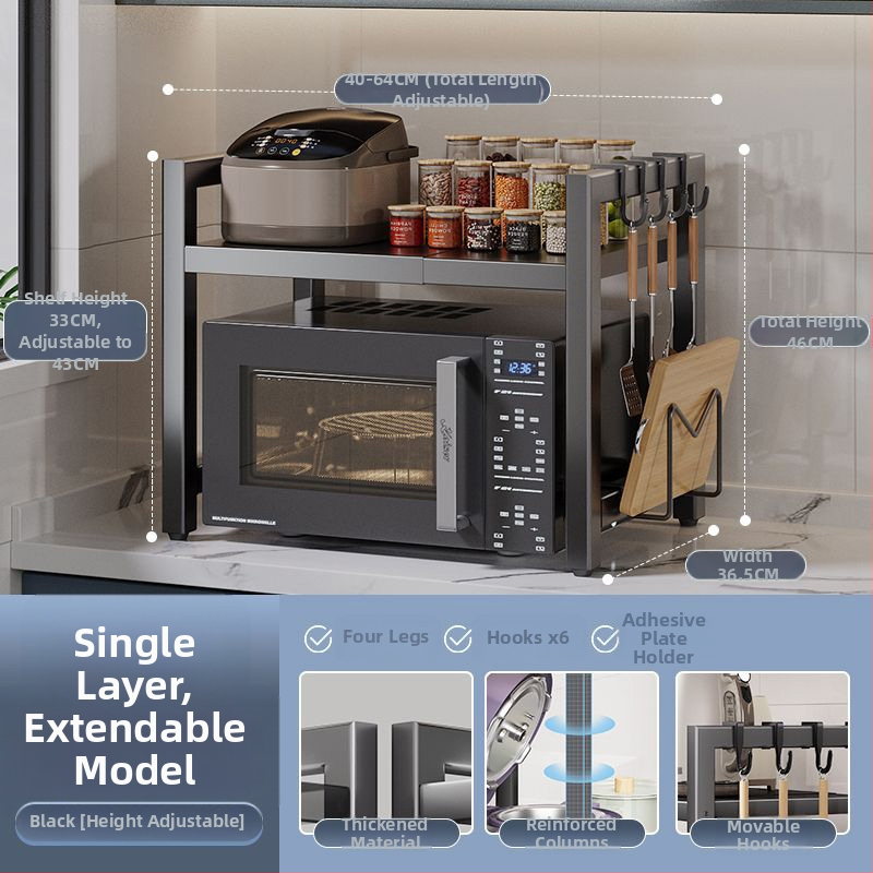 Rozťahovací kuchynský skladovací regál pre mikrovlnnú rúru – karbónová oceľ, škálovateľný, moderný minimalistický dizajn, prispôsobené vzorky