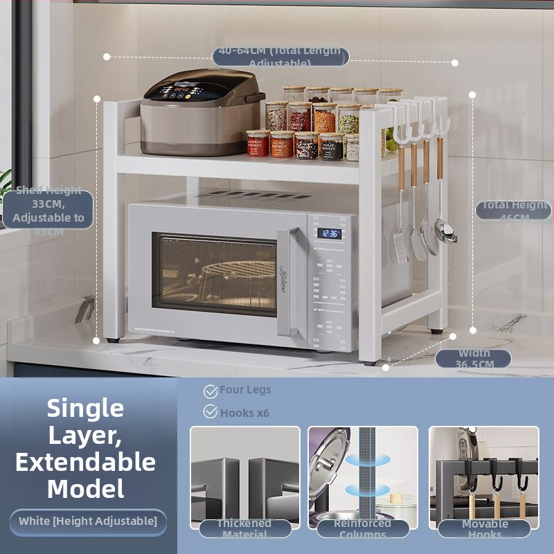 Rozťahovací kuchynský skladovací regál pre mikrovlnnú rúru – karbónová oceľ, škálovateľný, moderný minimalistický dizajn, prispôsobené vzorky