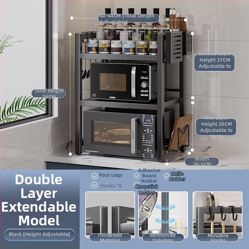 Rozťahovací kuchynský skladovací regál pre mikrovlnnú rúru – karbónová oceľ, škálovateľný, moderný minimalistický dizajn, prispôsobené vzorky