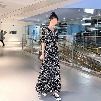 Дълга рокля от шифон с точков принт, А‑линия, висока талия и квадратно деколте