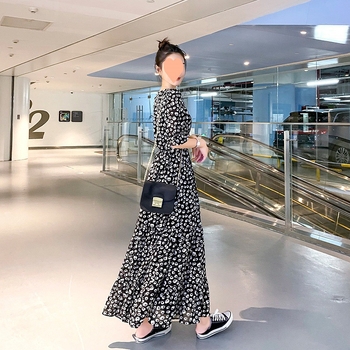 Дълга рокля от шифон с точков принт, А‑линия, висока талия и квадратно деколте