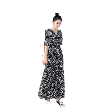 Дълга рокля от шифон с точков принт, А‑линия, висока талия и квадратно деколте