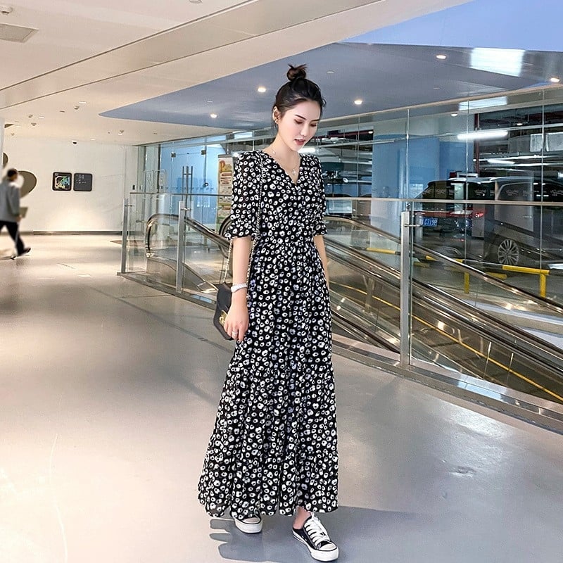 Дълга рокля от шифон с точков принт, А‑линия, висока талия и квадратно деколте