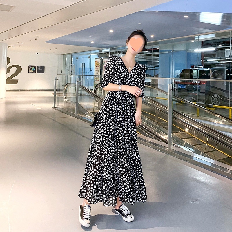 Дълга рокля от шифон с точков принт, А‑линия, висока талия и квадратно деколте