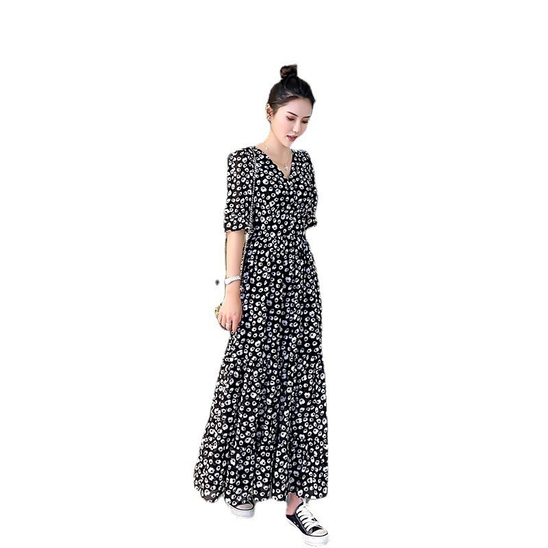 Дълга рокля от шифон с точков принт, А‑линия, висока талия и квадратно деколте