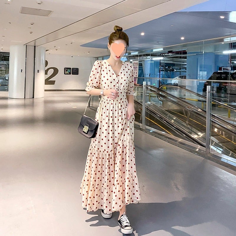 Дълга рокля от шифон с точков принт, А‑линия, висока талия и квадратно деколте