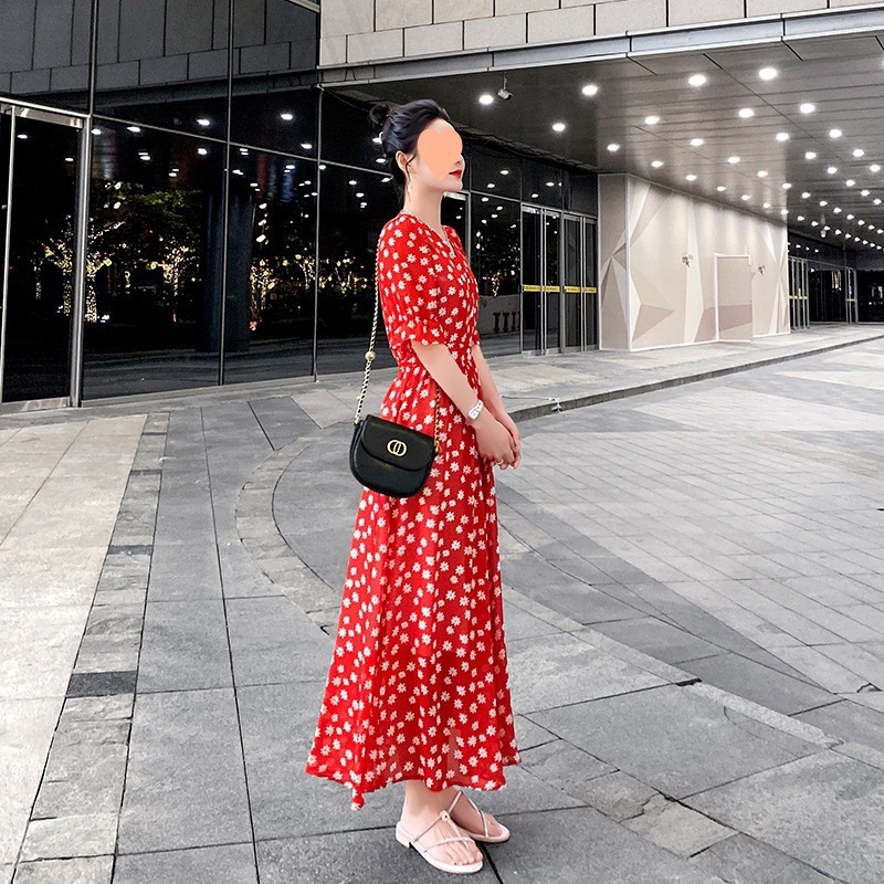 Дълга рокля от шифон с точков принт, А‑линия, висока талия и квадратно деколте