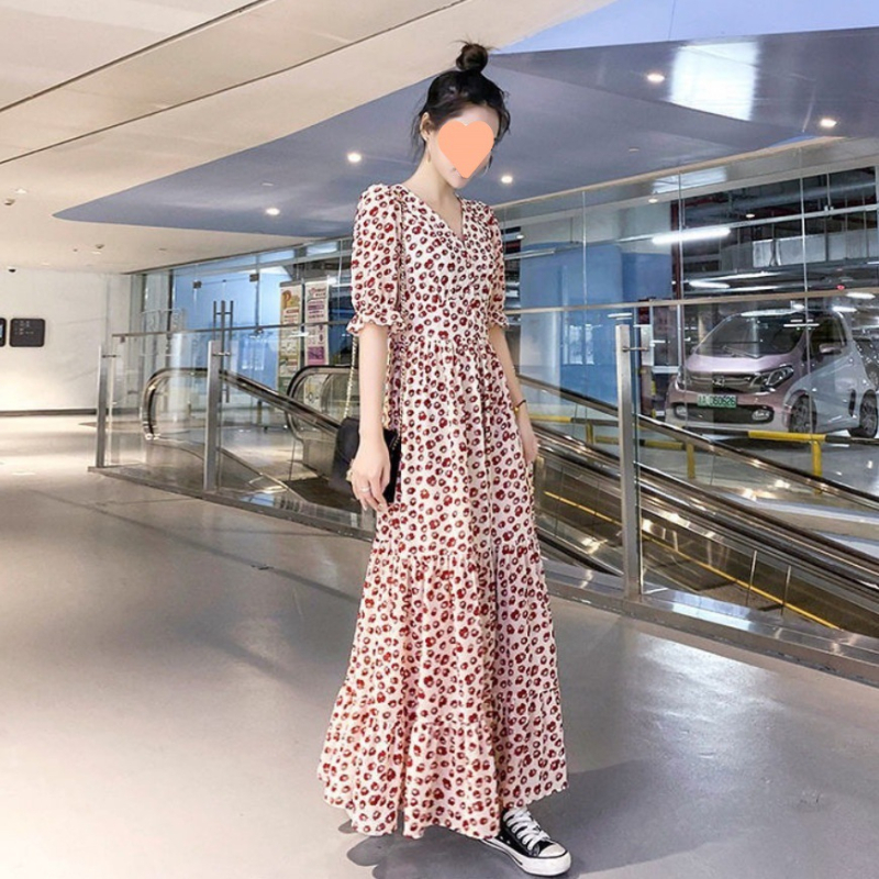 Дълга рокля от шифон с точков принт, А‑линия, висока талия и квадратно деколте