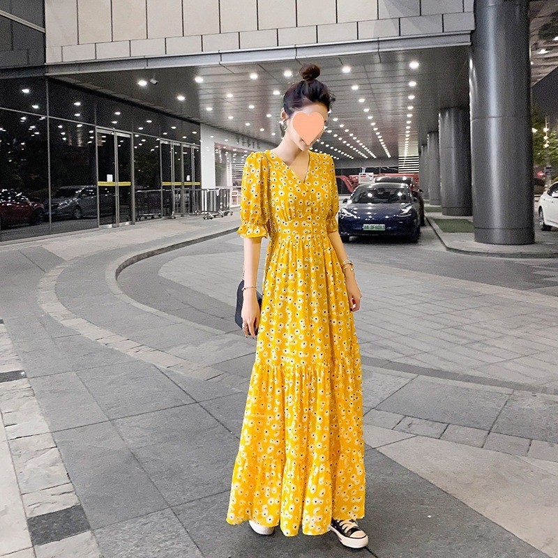 Дълга рокля от шифон с точков принт, А‑линия, висока талия и квадратно деколте