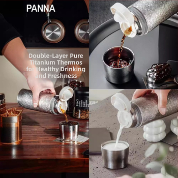 Titanski dvostruko stijenski vakuumski termos čaša s odjeljivanjem čaja i vode, mogućnost prilagodbe loga laserskim graviranjem ili 3D tiskom, unutarnji spremnik i vanjski dio od titana, izolacija 6–12 sati