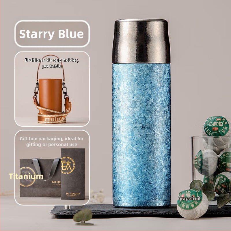 Titanski dvostruko stijenski vakuumski termos čaša s odjeljivanjem čaja i vode, mogućnost prilagodbe loga laserskim graviranjem ili 3D tiskom, unutarnji spremnik i vanjski dio od titana, izolacija 6–12 sati